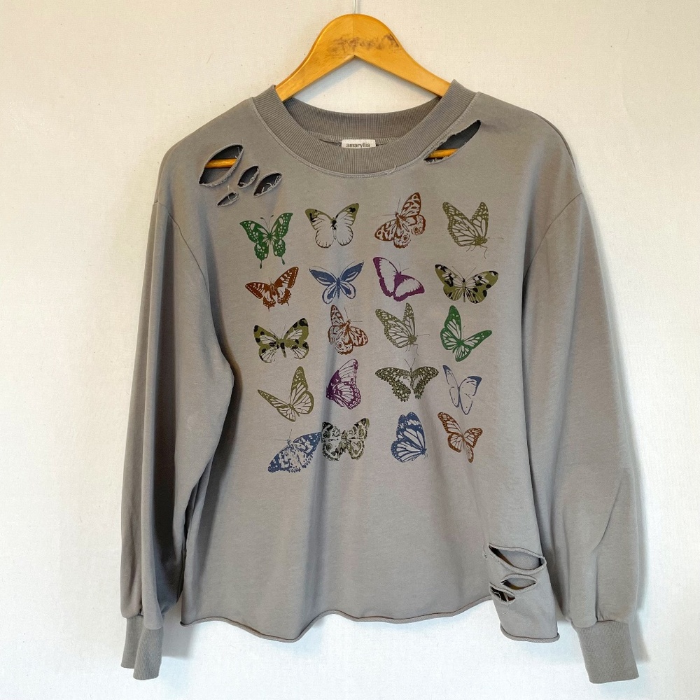 AMARYLLIS x Ashlee Nichols Large Butterfly Print Distressed Gray Sweatshirt